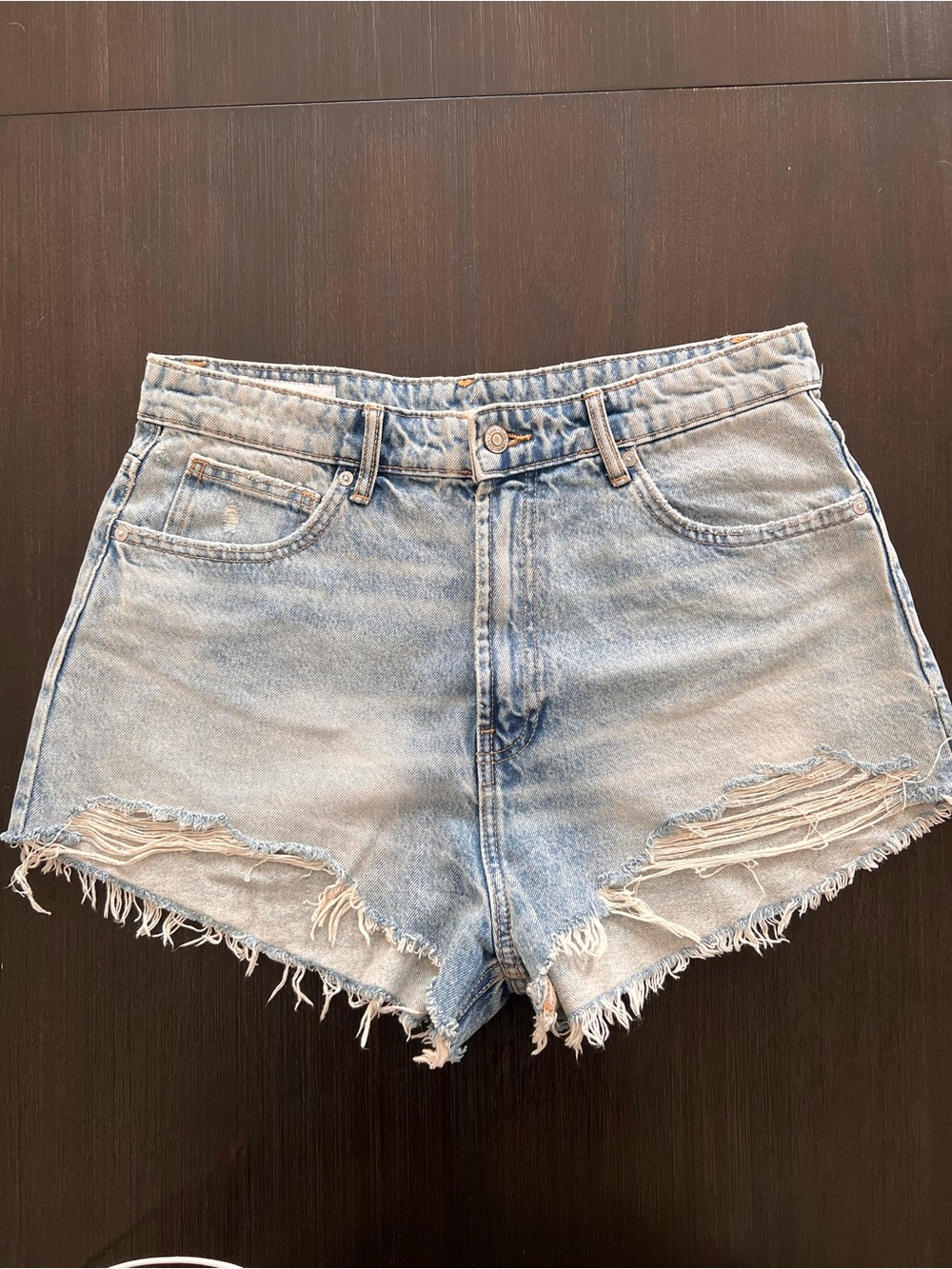 Zara Light Blue Distressed High-Rise Denim Shorts